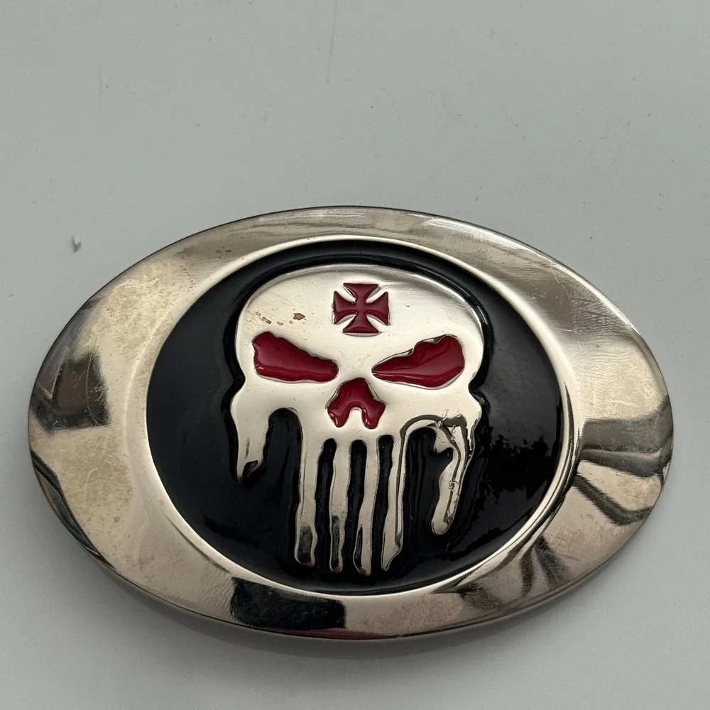 Punisher Skull Belt Buckle Metal Red Black Silver‎ Tone Oval